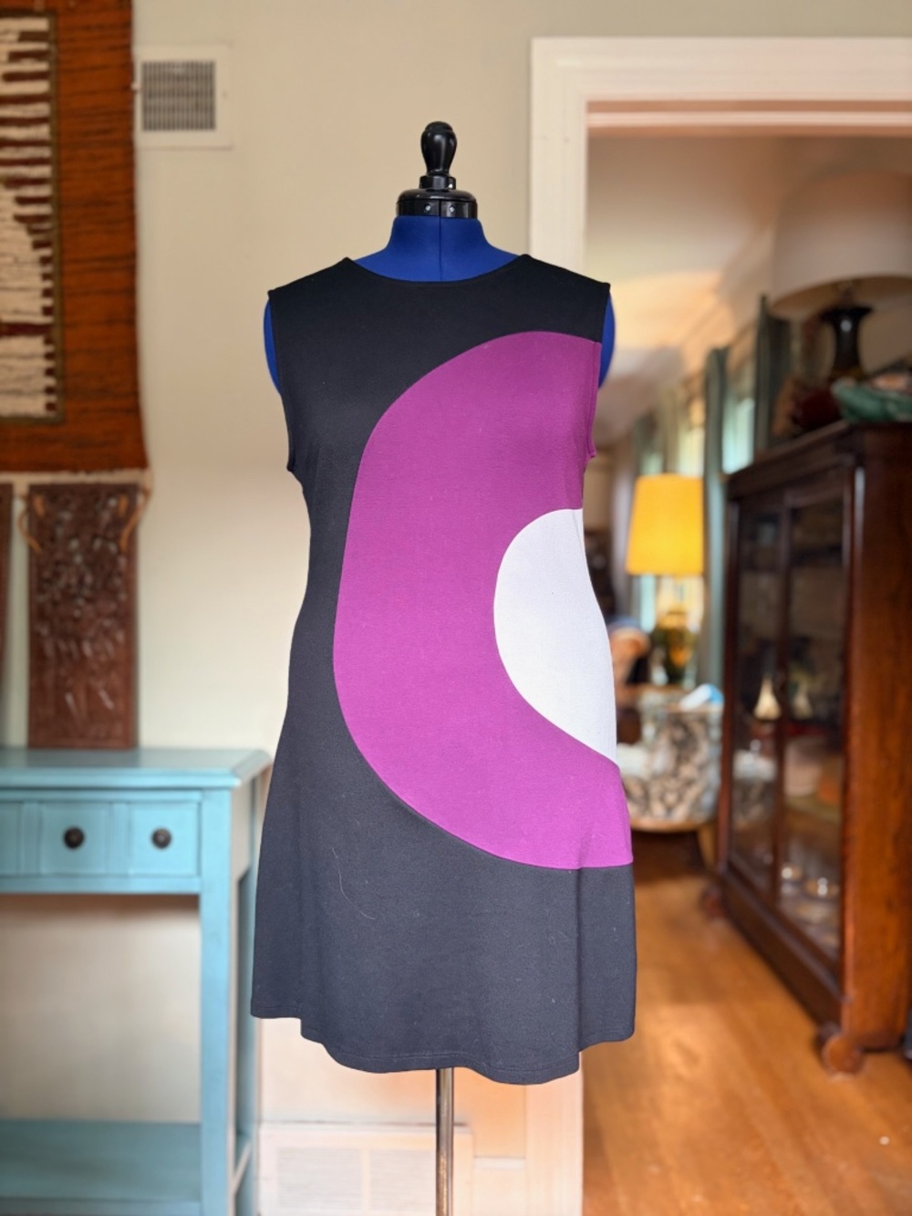 Vintage Style 60s Mod Colorblock Shift Dress Purple Black White